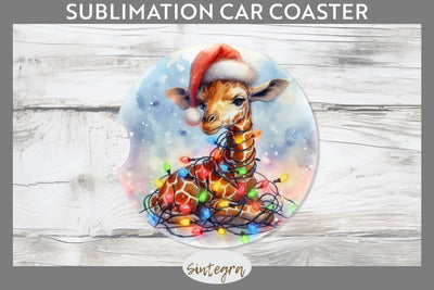 Christmas Giraffe Animal Entangled in Lights Car Coaster Sublimation Sublimation Sintegra 
