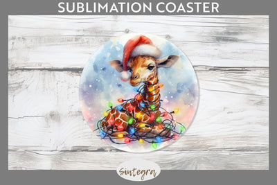Christmas Giraffe Animal Entangled in Lights Round Coaster Sublimation Sublimation Sintegra 