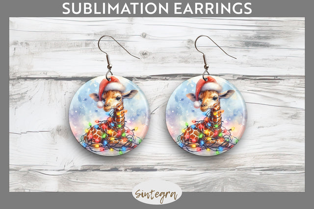 Christmas Giraffe Animal Entangled in Lights Round Earrings Sublimation Sublimation Sintegra 