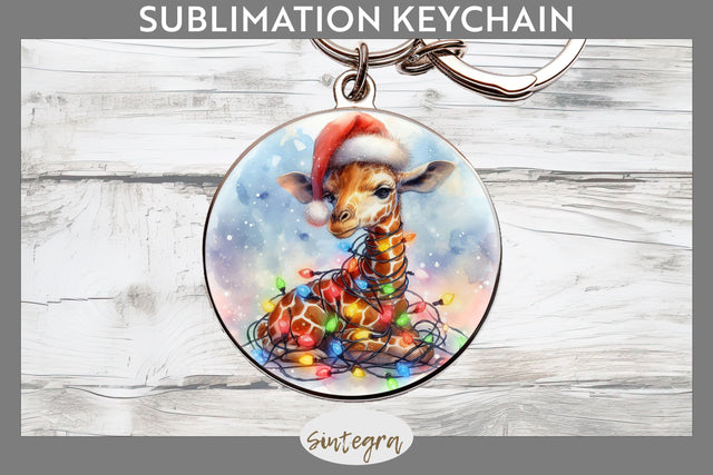 Christmas Giraffe Animal Entangled in Lights Round Keychain Sublimation Sublimation Sintegra 