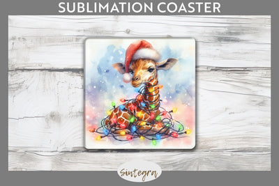 Christmas Giraffe Animal Entangled in Lights Square Coaster Sublimation Sublimation Sintegra 
