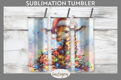 Christmas Giraffe Animal Entangled in Lights Tumbler Sublimation 20 oz Skinny Sublimation Sintegra 