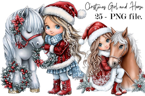 Christmas Girl and Horse Clipart Bundle Sublimation SVGArt 