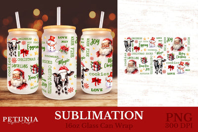 Christmas Glass Can Wrap | 16oz glass Can Wraps Sublimation Petunia Digital Design 