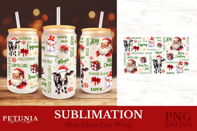 Christmas Glass Can Wrap | 16oz glass Can Wraps Sublimation Petunia Digital Design 