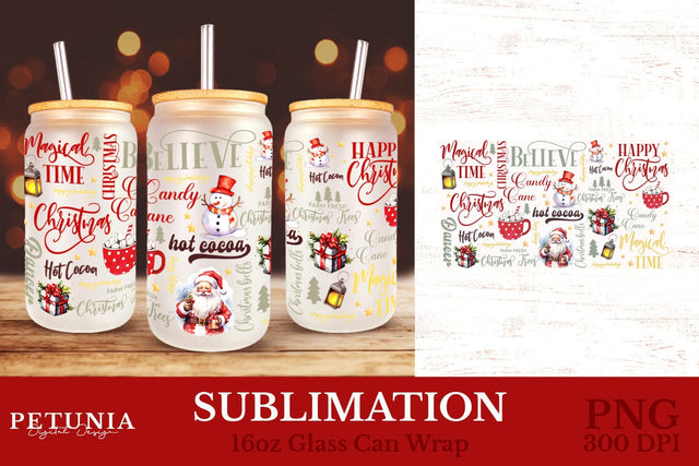 Christmas Glass Can Wrap | 16oz glass Can Wraps Sublimation Petunia Digital Design 