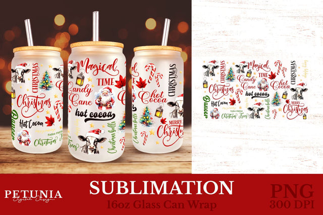 Christmas Glass Can Wrap | 16oz glass Can Wraps Sublimation Petunia Digital Design 