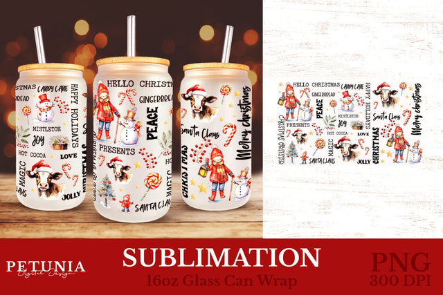Christmas Glass Can Wrap | 16oz glass Can Wraps Sublimation Petunia Digital Design 