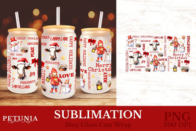 Christmas Glass Can Wrap | 16oz glass Can Wraps Sublimation Petunia Digital Design 