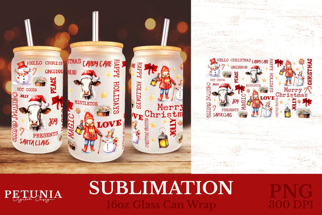 Christmas Glass Can Wrap | 16oz glass Can Wraps Sublimation Petunia Digital Design 
