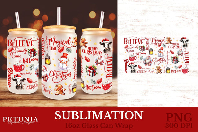 Christmas Glass Can Wrap | 16oz glass Can Wraps Sublimation Petunia Digital Design 