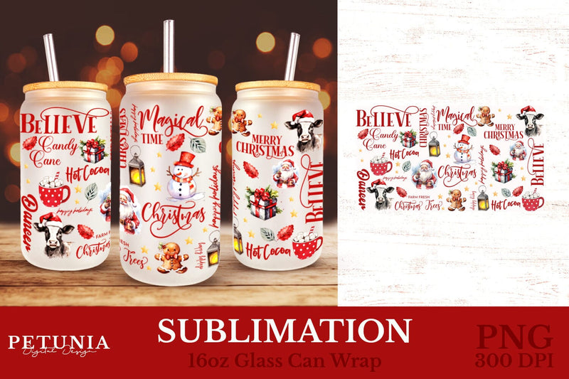 Christmas Glass Can Wrap | 16oz glass Can Wraps Sublimation Petunia Digital Design 