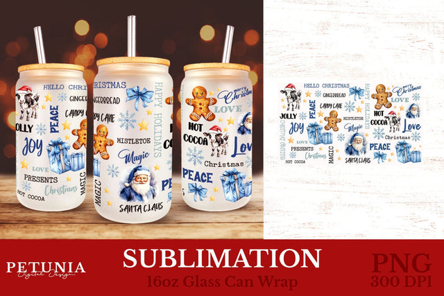 Christmas Glass Can Wrap | 16oz glass Can Wraps Sublimation Petunia Digital Design 