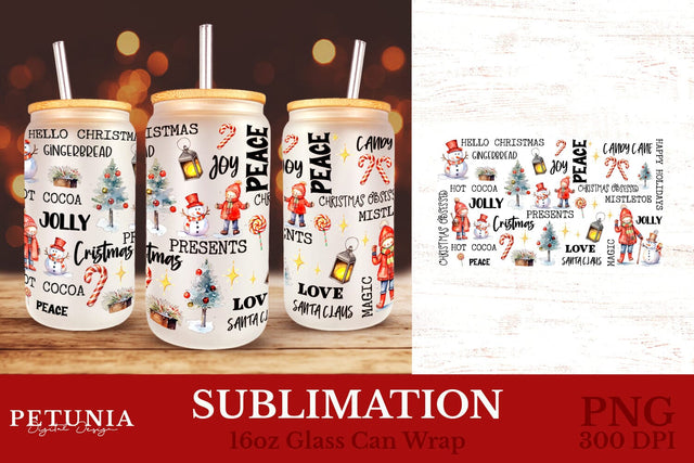Christmas Glass Can Wrap | 16oz glass Can Wraps Sublimation Petunia Digital Design 