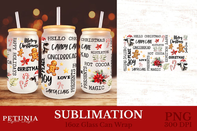 Christmas Glass Can Wrap | 16oz glass Can Wraps Sublimation Petunia Digital Design 