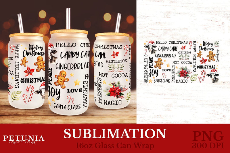Christmas Glass Can Wrap | 16oz glass Can Wraps Sublimation Petunia Digital Design 
