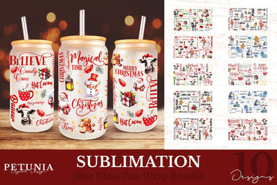 Christmas Glass Can Wrap Bundle | 16oz glass Can Wraps Sublimation Petunia Digital Design 