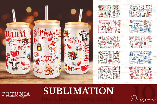 Christmas Glass Can Wrap Bundle | 16oz glass Can Wraps Sublimation Petunia Digital Design 