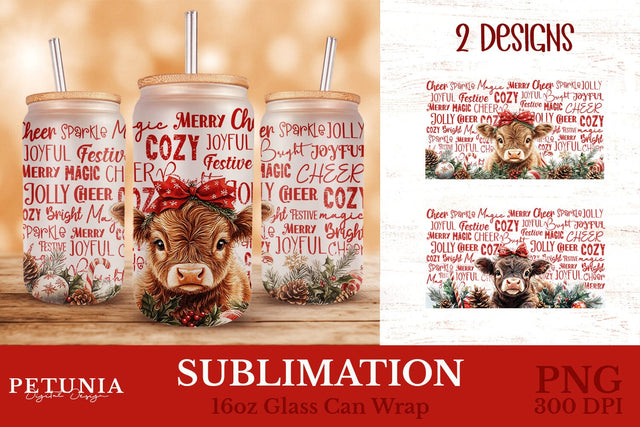 Christmas Glass Can Wrap | Sublimation 16oz Glass Can Sublimation Petunia Digital Design 