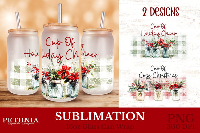 Christmas Glass Can Wrap | Sublimation 16oz Glass Can Sublimation Petunia Digital Design 