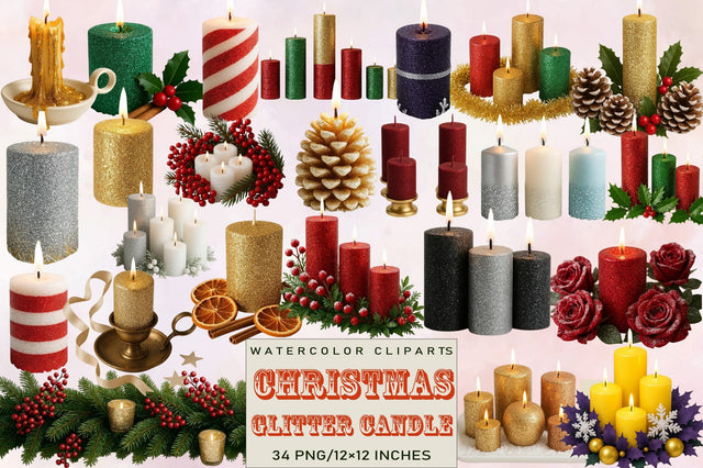 Christmas Glitter Candle Clipart Bundle. Sublimation SVGArt 