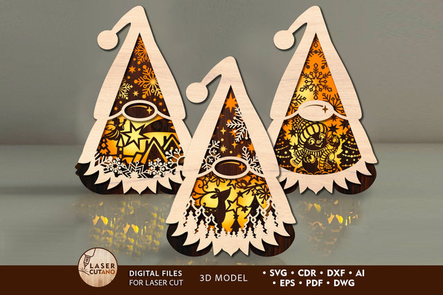 Christmas Gnome Candle Holders Set, Wood cut, Laser Cut Template SVG LaserCutano 