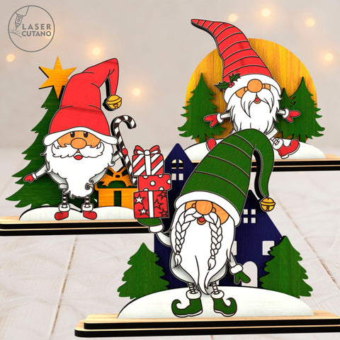 Christmas Gnome Figurines SVG Set of 3 – Laser Cut Wooden Holiday Decor for Glowforge & xTool SVG LaserCutano 