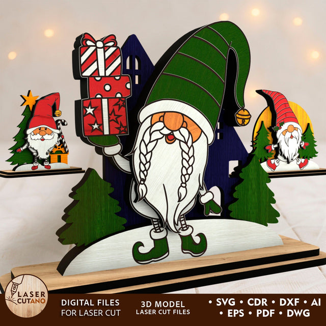 Christmas Gnome Figurines SVG Set of 3 – Laser Cut Wooden Holiday Decor for Glowforge & xTool SVG LaserCutano 