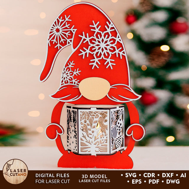 🎅 Christmas Gnome Lantern - Candle Holder Design SVG LaserCutano 