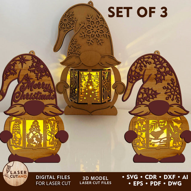 🎄 Christmas Gnome Lanterns — Set of 3 Laser Cut Designs SVG LaserCutano 
