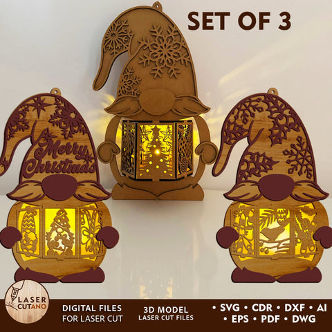 🎄 Christmas Gnome Lanterns — Set of 3 Laser Cut Designs SVG LaserCutano 