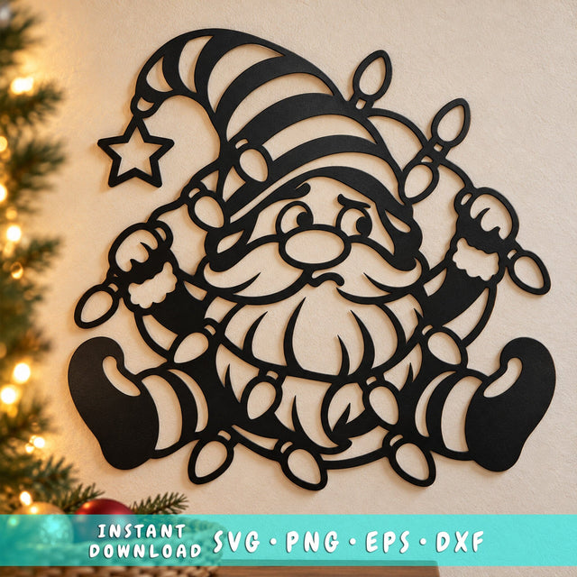 Christmas Gnome Laser SVG | Tangled Christmas Lights DXF | Funny Gnome Metal Wall Art | Holiday Plasma CNC Cutting File SVG HappyDesignStudio 