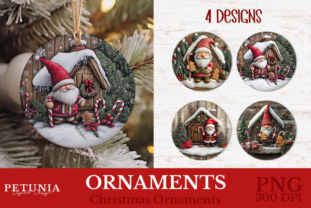 Christmas Gnome Ornament | Round Christmas Ornaments Sublimation Petunia Digital Design 