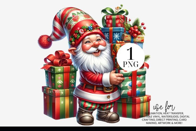 Christmas Gnome With Presents Clipart Sublimation Design PNG Sublimation BijouBay 