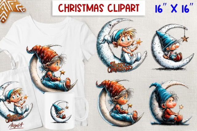 Christmas gnomes clipart Cute Holiday baby gnome on moon PNG Sublimation Angelina Semenova 