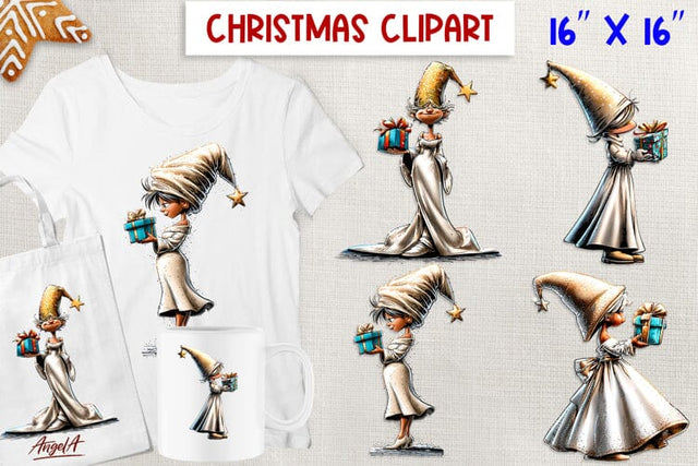Christmas gnomes clipart Fairy girl gnome with gift box PNG Sublimation Angelina Semenova 