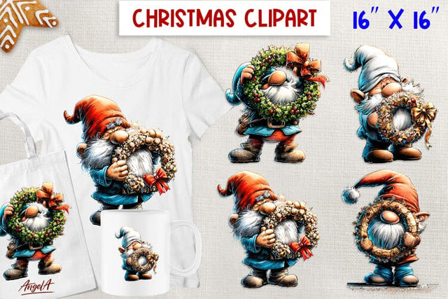 Christmas gnomes clipart Fairy Holiday gnome with wreath PNG Sublimation Angelina Semenova 