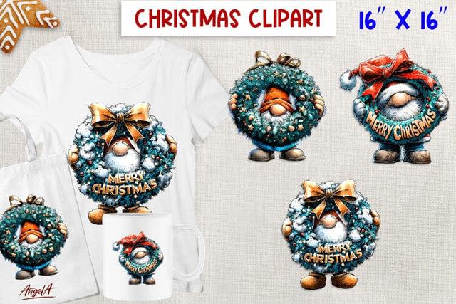 Christmas gnomes clipart Fairy Holiday gnome with wreath PNG Sublimation Angelina Semenova 