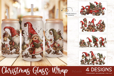 Christmas Gnomes Glass Can Wrap PNG, 16oz Holiday Cup Wrap Sublimation Petunia Digital Design 