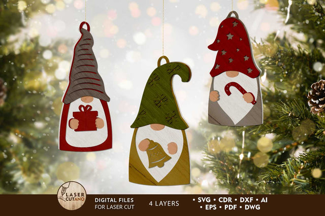 CHRISTMAS GNOMES SET, Multilayer Ornaments, Wood Cut and Paper Cut Files, Laser Cut Template SVG LaserCutano 