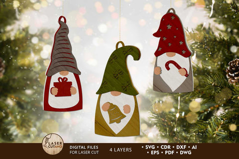 CHRISTMAS GNOMES SET, Multilayer Ornaments, Wood Cut and Paper Cut Files, Laser Cut Template SVG LaserCutano 