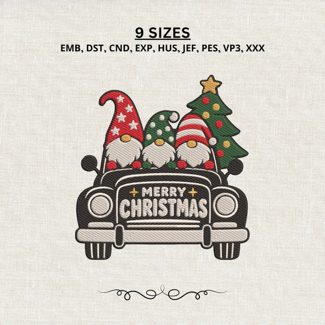 Christmas Gnomes Vintage Car Embroidery Design – Merry Christmas Gnome Tree Machine Embroidery File, Holiday Car Design Embroidery/Applique DESIGNS PatternFeed8 