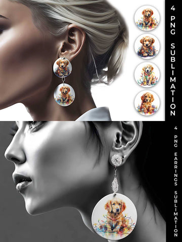 Christmas Golden Retriever Dog PNG Round Earrings Sublimation Bundle Sublimation Sintegra 