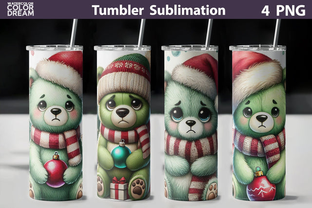 Christmas Grumpy Bear Tumbler | Green And Christmas Tumbler Sublimation WatercolorColorDream 