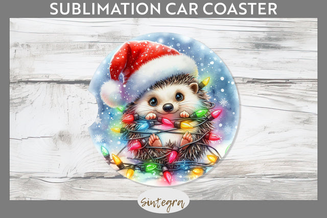 Christmas Hedgehog Entangled in Lights Car Coaster Sublimation Sublimation Sintegra 