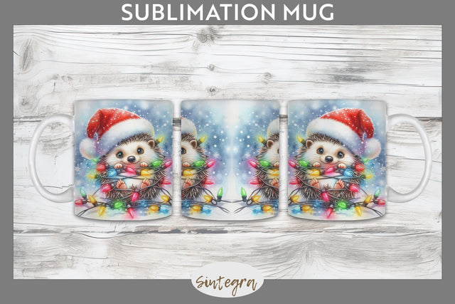 Christmas Hedgehog Entangled in Lights Mug Wrap Sublimation Sublimation Sintegra 
