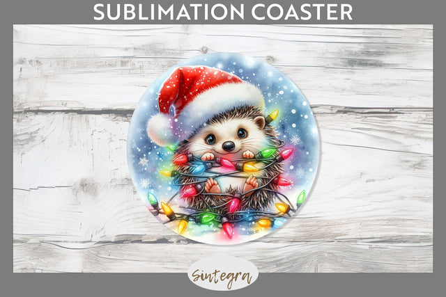Christmas Hedgehog Entangled in Lights Round Coaster Sublimation Sublimation Sintegra 
