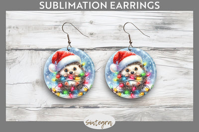 Christmas Hedgehog Entangled in Lights Round Earrings Sublimation Sublimation Sintegra 