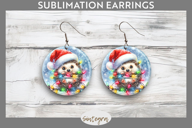 Christmas Hedgehog Entangled in Lights Round Earrings Sublimation Sublimation Sintegra 