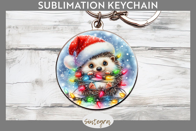 Christmas Hedgehog Entangled in Lights Round Keychain Sublimation Sublimation Sintegra 